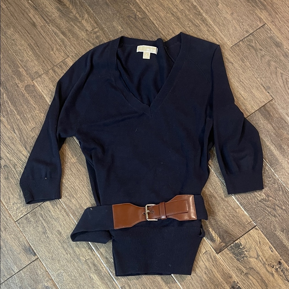 Michael Kors Navy V-Neck Sweater with Brown Belt